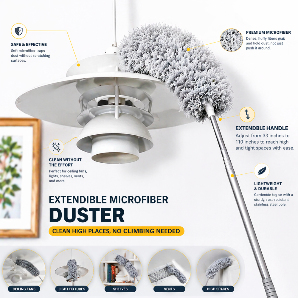 Extendible Microfiber Duster with 33–110 Inches Adjustable Pole, Bendable & Washable Head