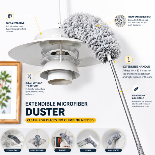 Extendible Microfiber Duster with 33–110 Inches Adjustable Pole, Bendable & Washable Head