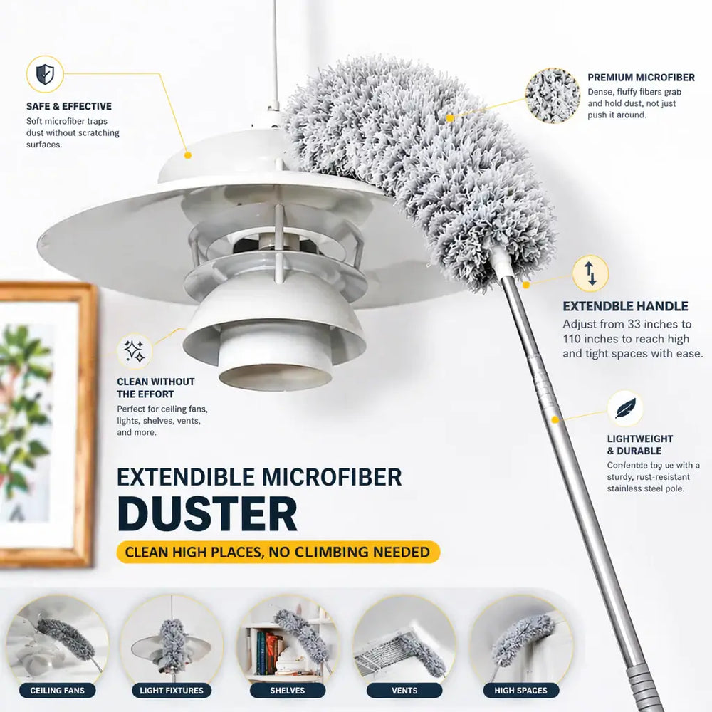 Extendible Microfiber Duster with 33–110 Inches Adjustable Pole, Bendable & Washable Head