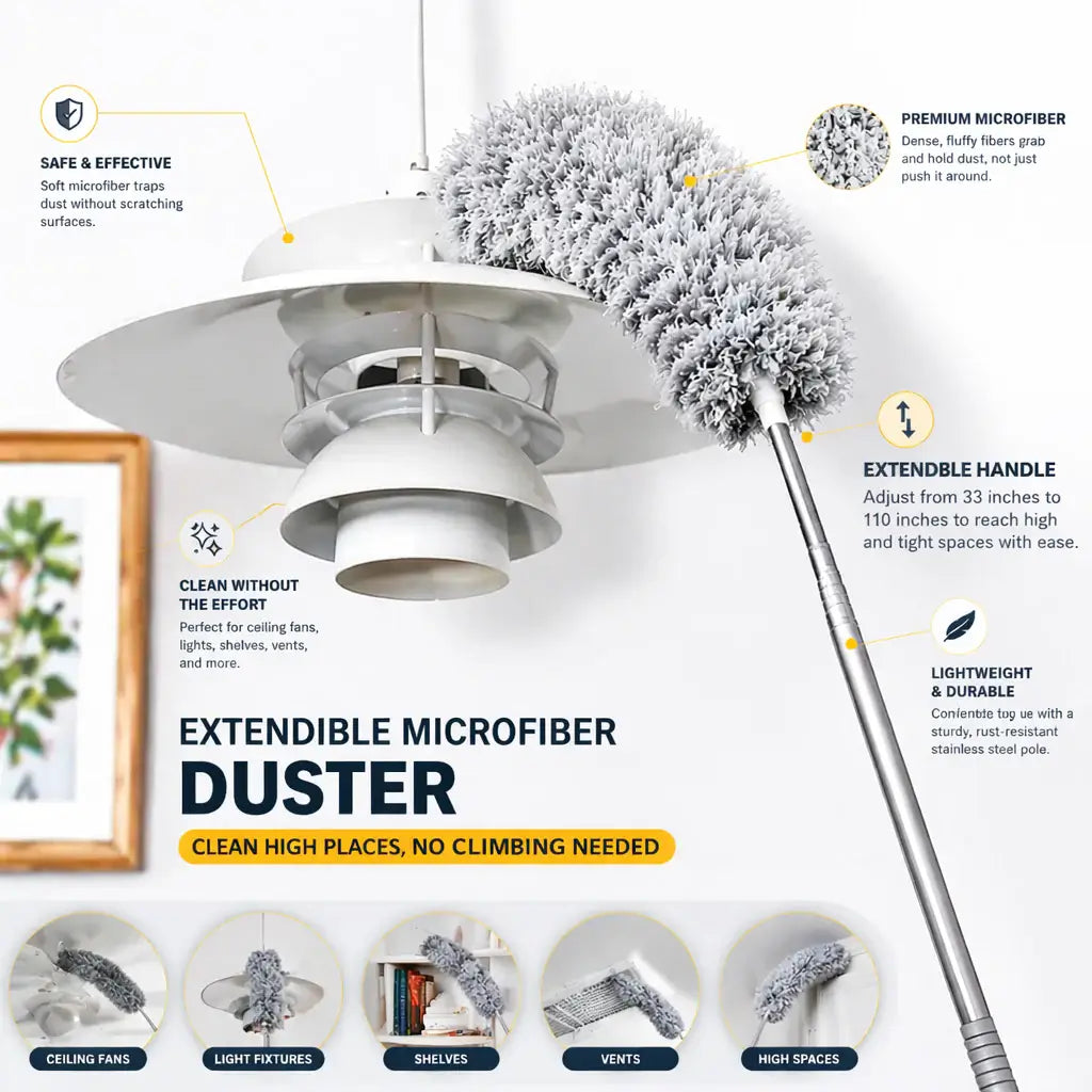Extendible Microfiber Duster with 33–110 Inches Adjustable Pole, Bendable & Washable Head