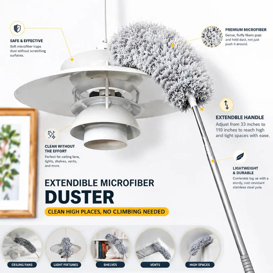 Extendible Microfiber Duster with 33–110 Inches Adjustable Pole, Bendable & Washable Head