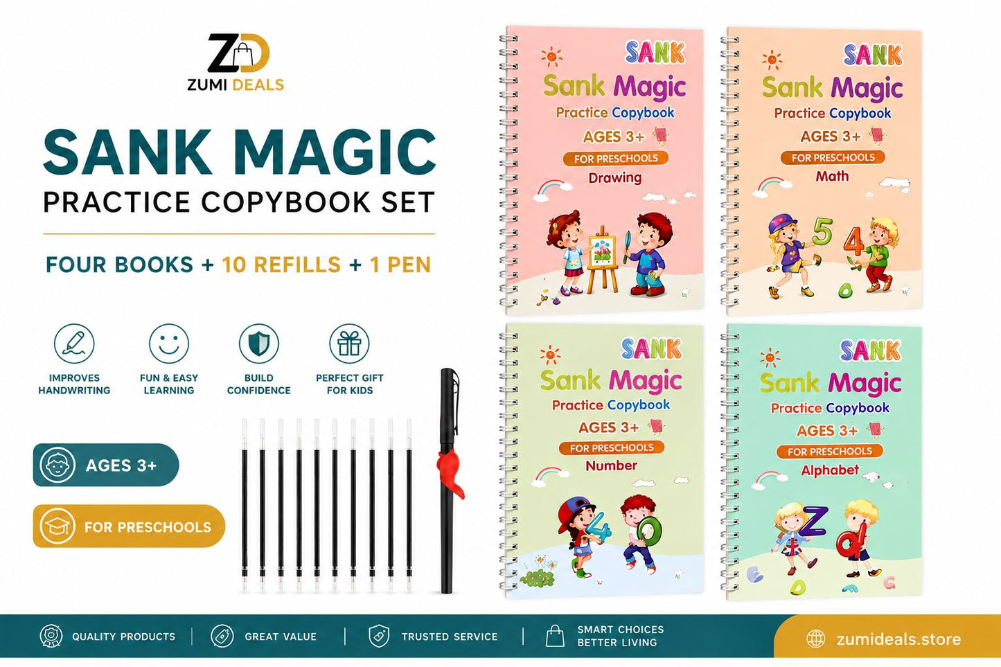SANK Magic Practice Copybook Set – 4 Books + 10 Refills + 1 Magic Pen
