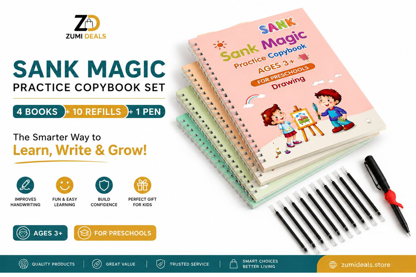 SANK Magic Practice Copybook Set – 4 Books + 10 Refills + 1 Magic Pen