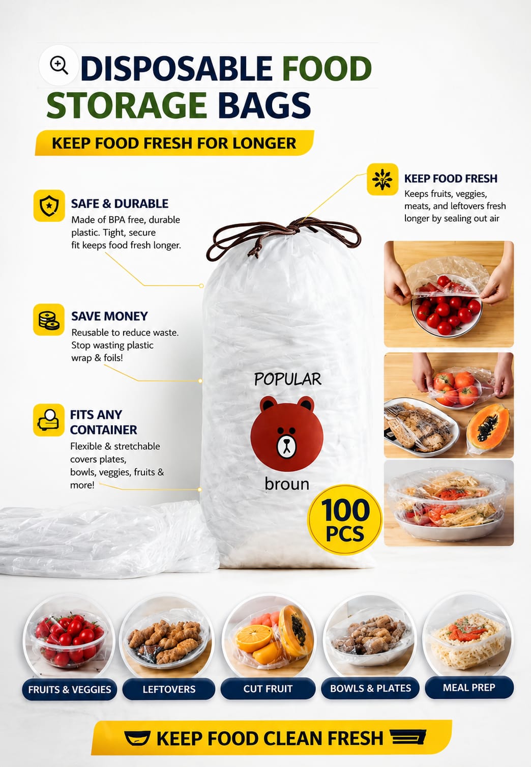 100 Disposable Food Storage Covers | Elastic Wrap for Fruit, Plates & Bowls